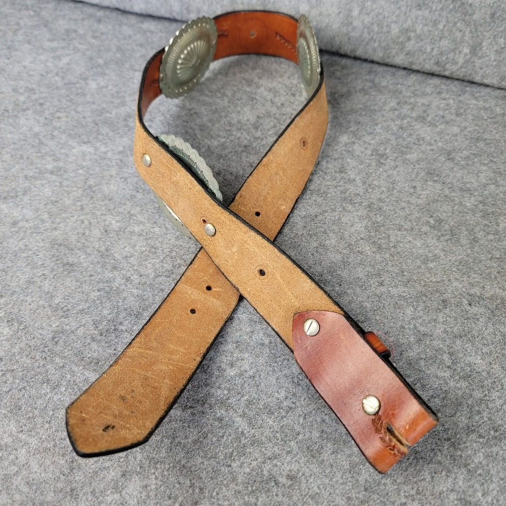 Vintage Western Leather Concho Belt Tan Tooled Floral Southwest Silver Tone 35in - Picture 2 of 10